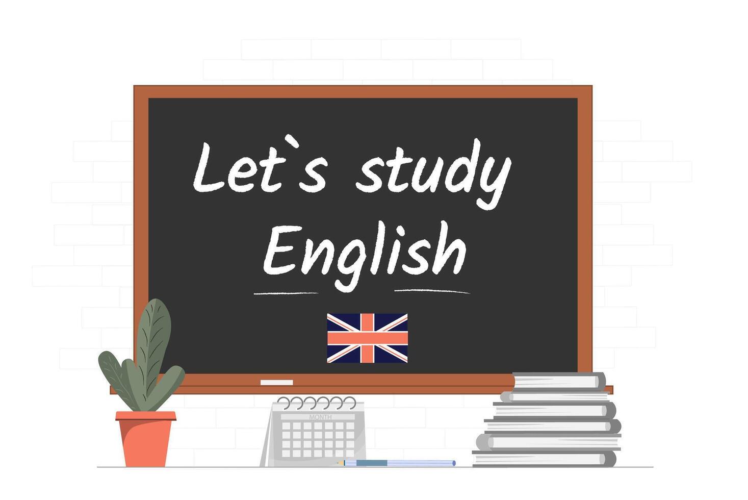 Banner with Lets study English phrase written on the chalkboard, education concept, English language courses concept, illustration vector