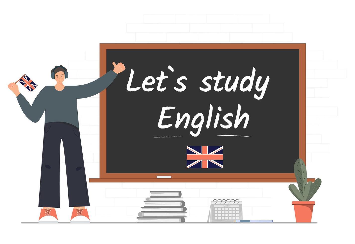 Banner with Lets study English phrase written on the chalkboard, Person holding British flag in the hands, education concept, English language courses concept, illustration vector