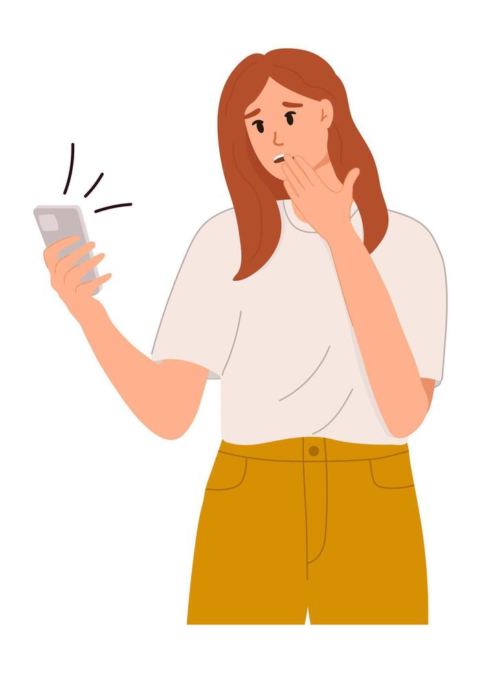 Woman reading bad news in smartphone. Modern flat illustration. vector