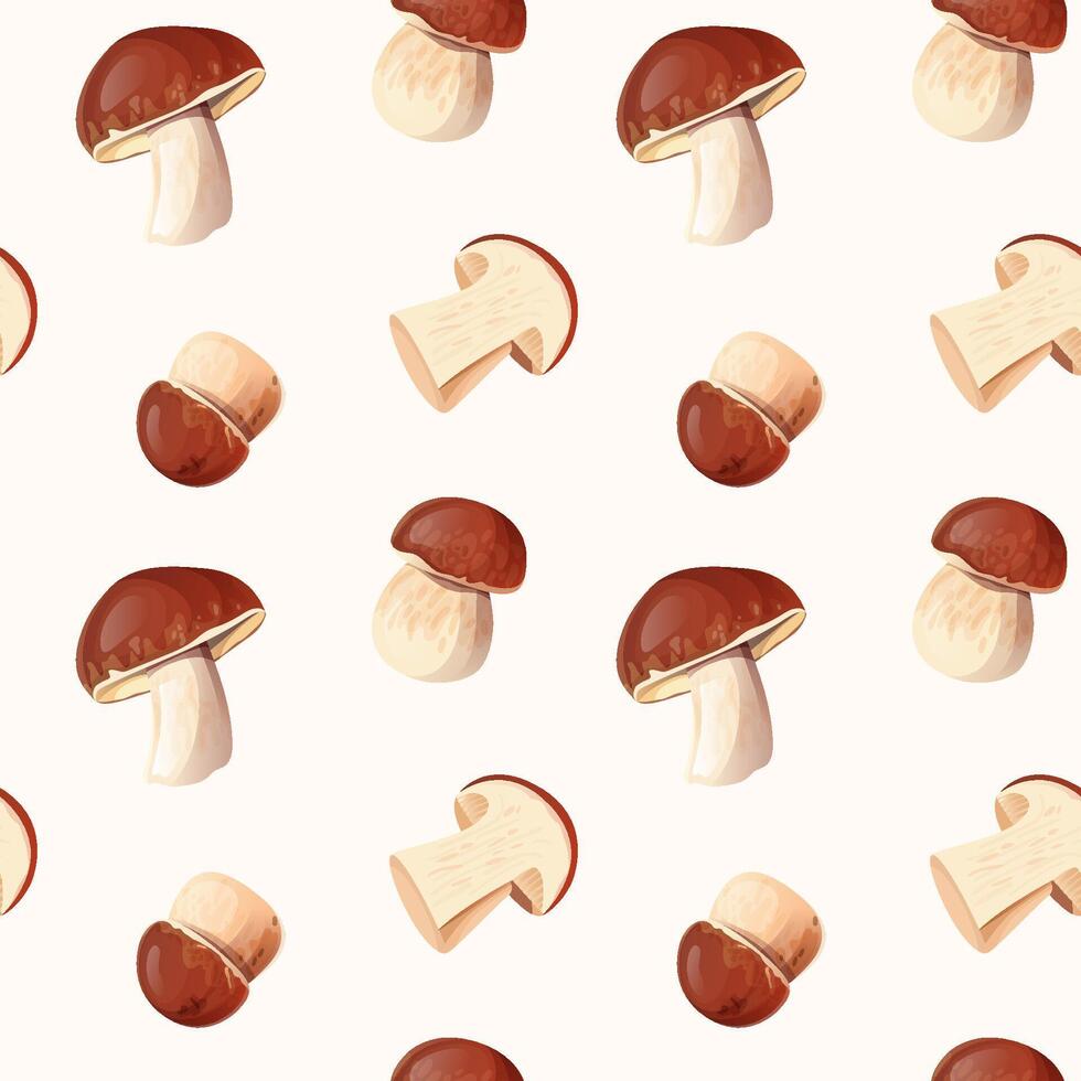 Porcini Mushroom Seamless Pattern on White Background. vector