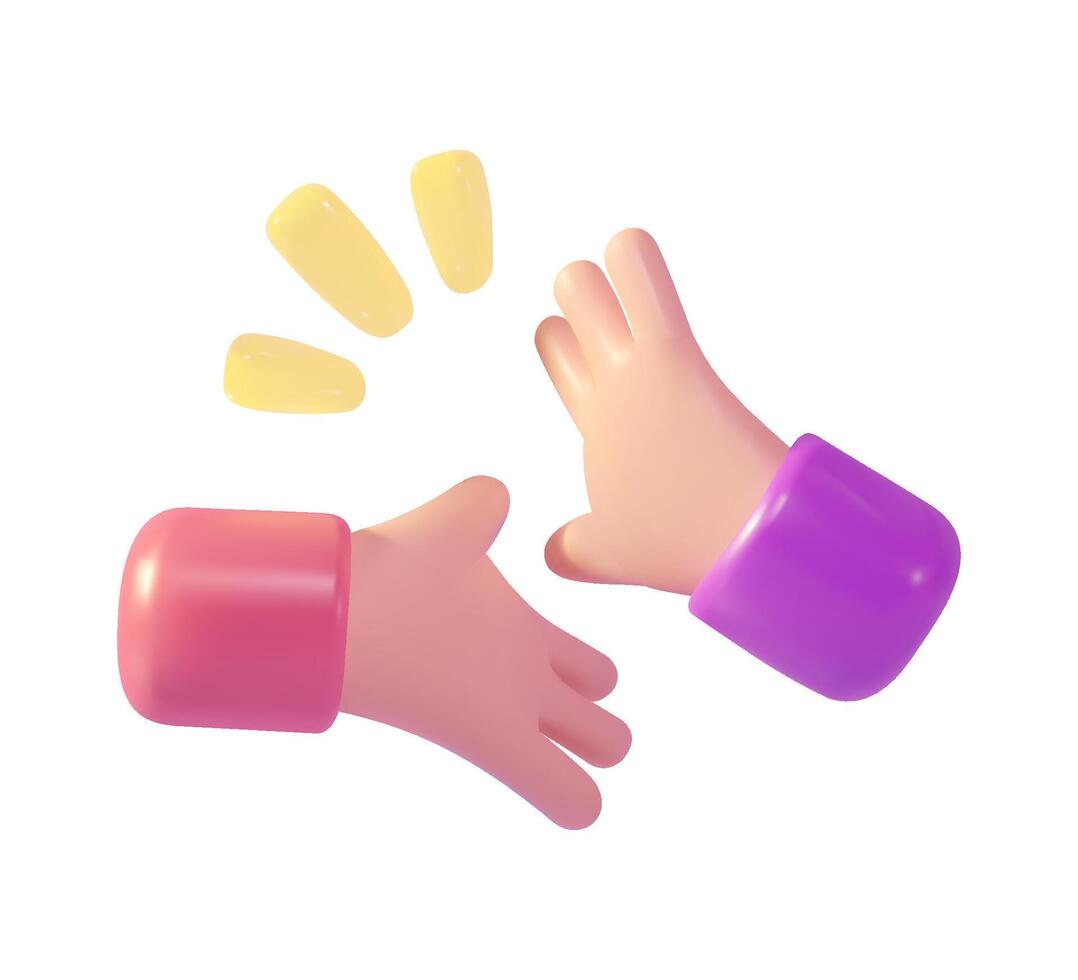 Two cartoon hands in pink and purple sleeves high-fiving with yellow motion lines. 3D digital art illustration. Friendship and teamwork concept. vector