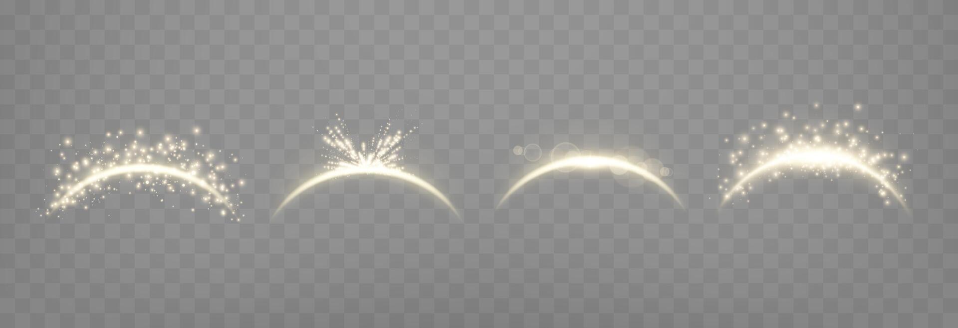 Gold magic arches set, with glowing particles, sunlight lens flare. Neon realistic energy flare arch. Abstract light effect vector