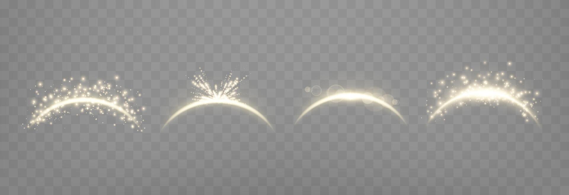 Gold magic arches set, with glowing particles, sunlight lens flare. Neon realistic energy flare arch. Abstract light effect vector