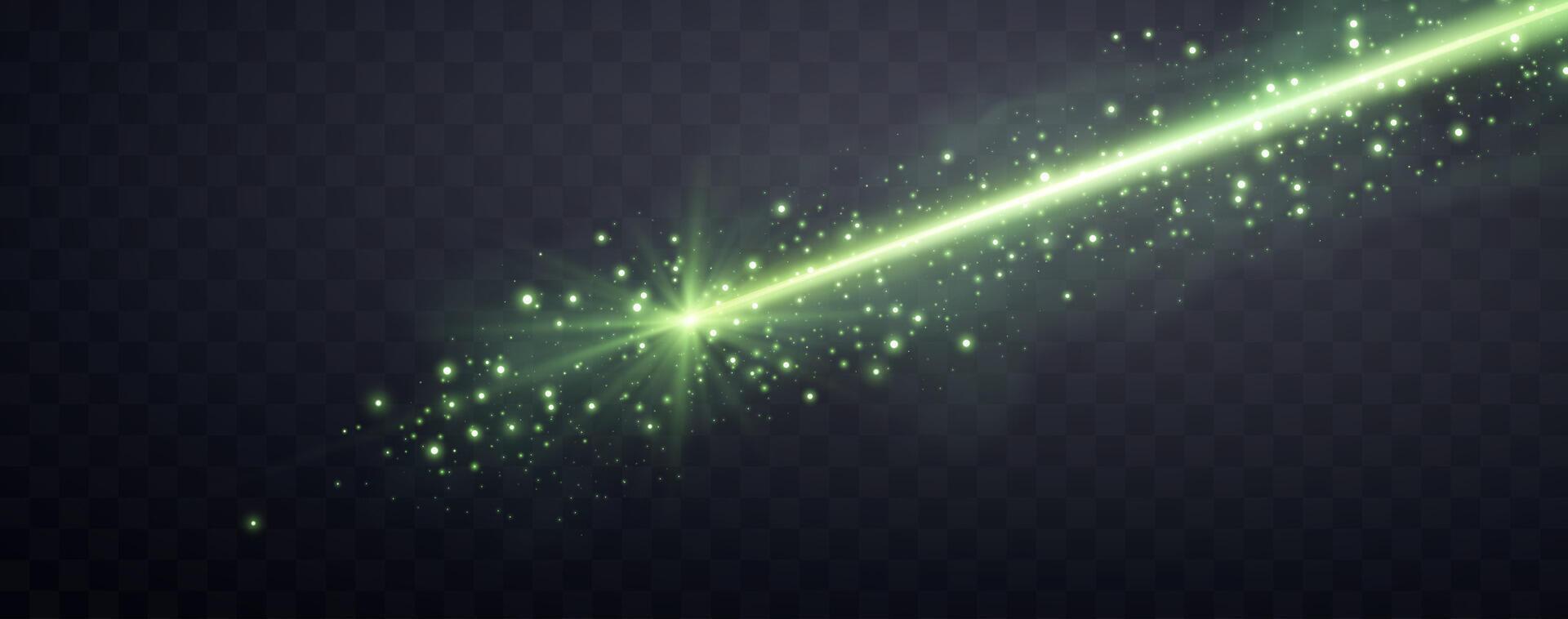 Green horizontal laser beam. Neon line, presentation pointer. Green glow flare light effect. Isolated on dark background. vector