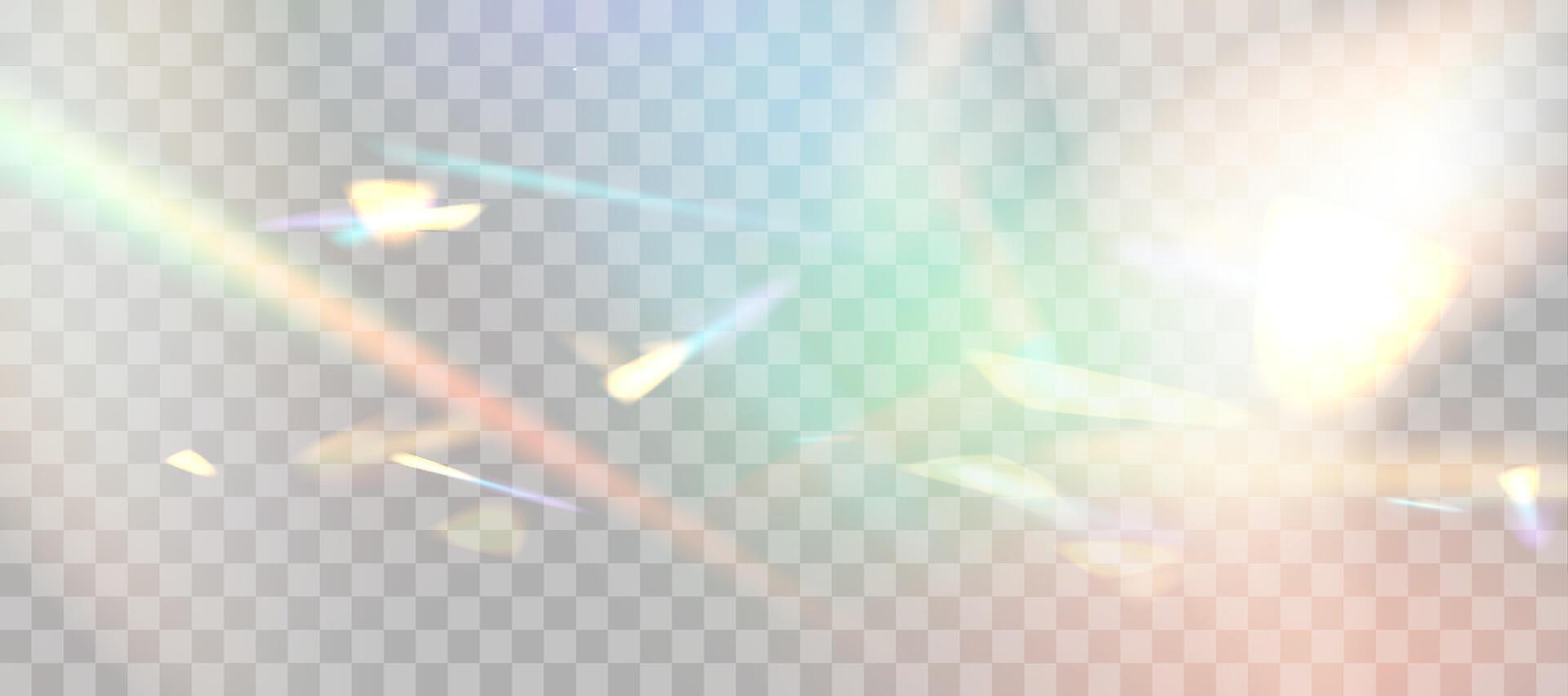 Blurred rainbow refraction overlay effect. Light lens prism effect. Holographic reflection, crystal flare leak shadow overlay. vector