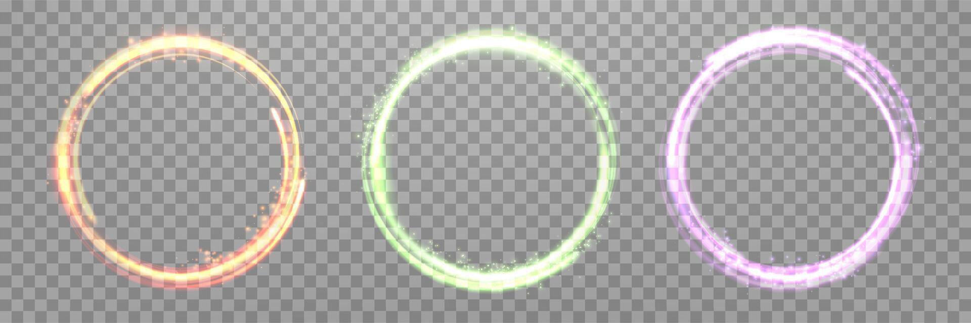 Glowing magic rings set. Neon realistic energy flare rings with sparkling particles. Abstract light effect vector