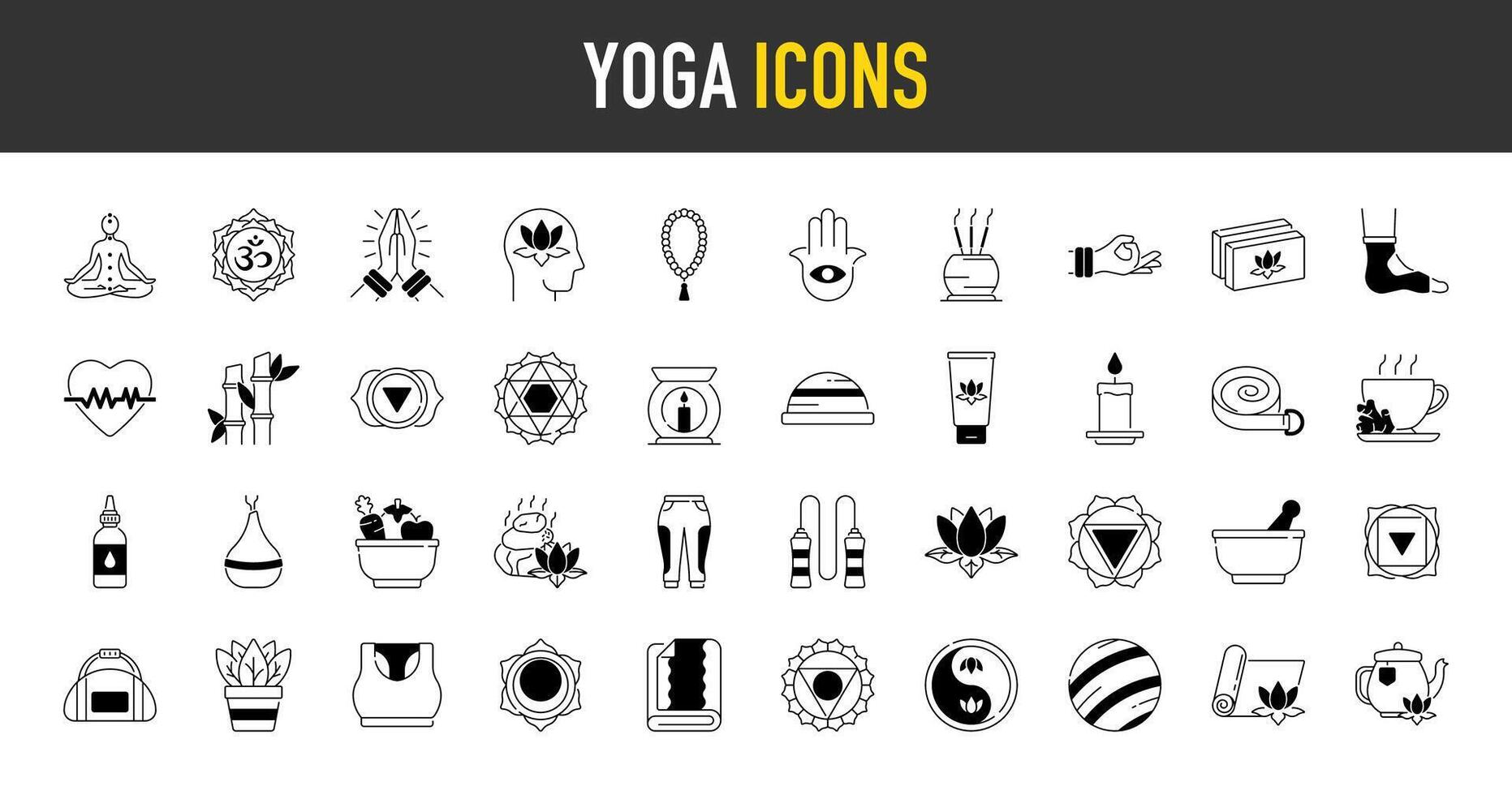 yoga y meditación práctica íconos colocar. tal como relajación, interior paz, autoconocimiento, interior concentración, espiritual práctica y más icono ilustración. vector