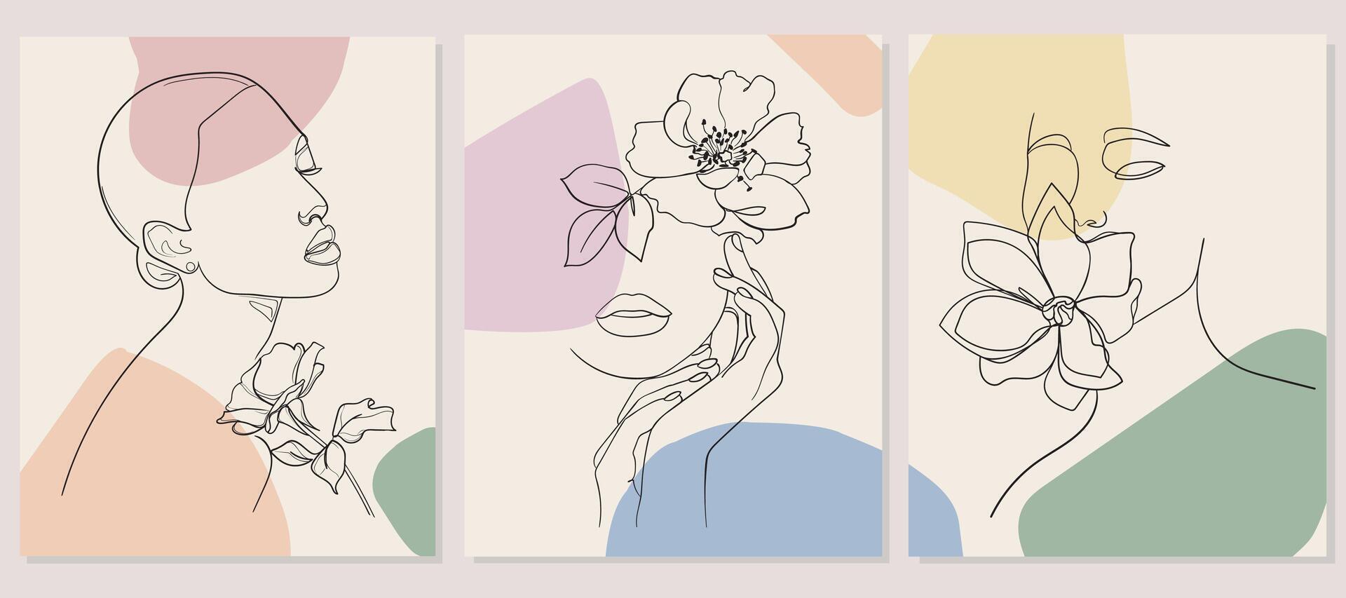 conjunto de caras con flor. resumen mínimo retrato. - ilustración vector