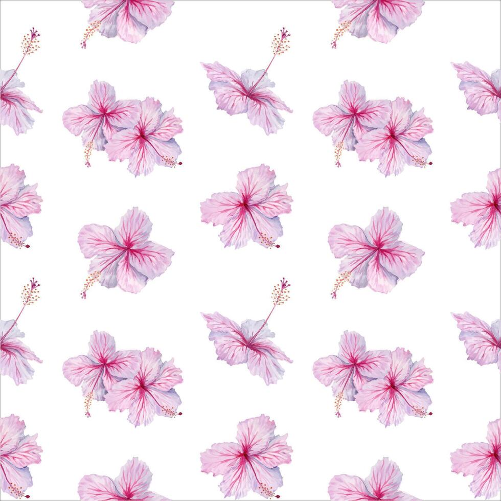 Pink Hibiscus Flowers seamless pattern. Watercolor illustration isolated on white background. Floral surface pattern for wallpapers and bedding linen. Tropical fabric designs, book cover decoration vector