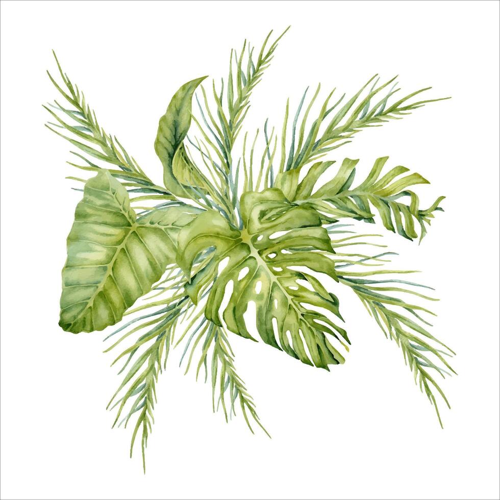 Tropical leaves composition with monstera, banana and palm tree branches. Watercolor illustration isolated on white background. Exotic jungle vegetation design for summer beach themed cards and prints vector