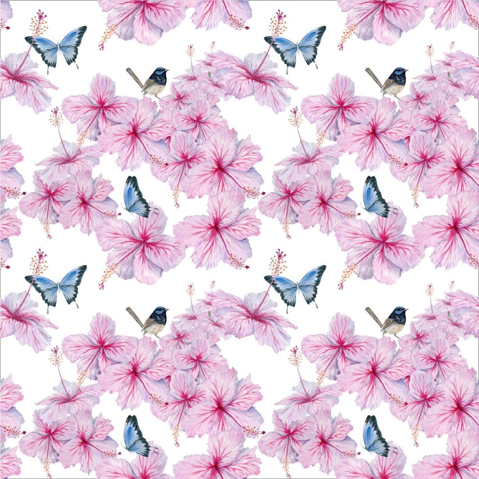 Pink Hibiscus Flowers seamless pattern with blue butterflies and wren bird. Watercolor illustration isolated on white background. For floral cards, tea towels, wallpapers and tropical fabric designs vector
