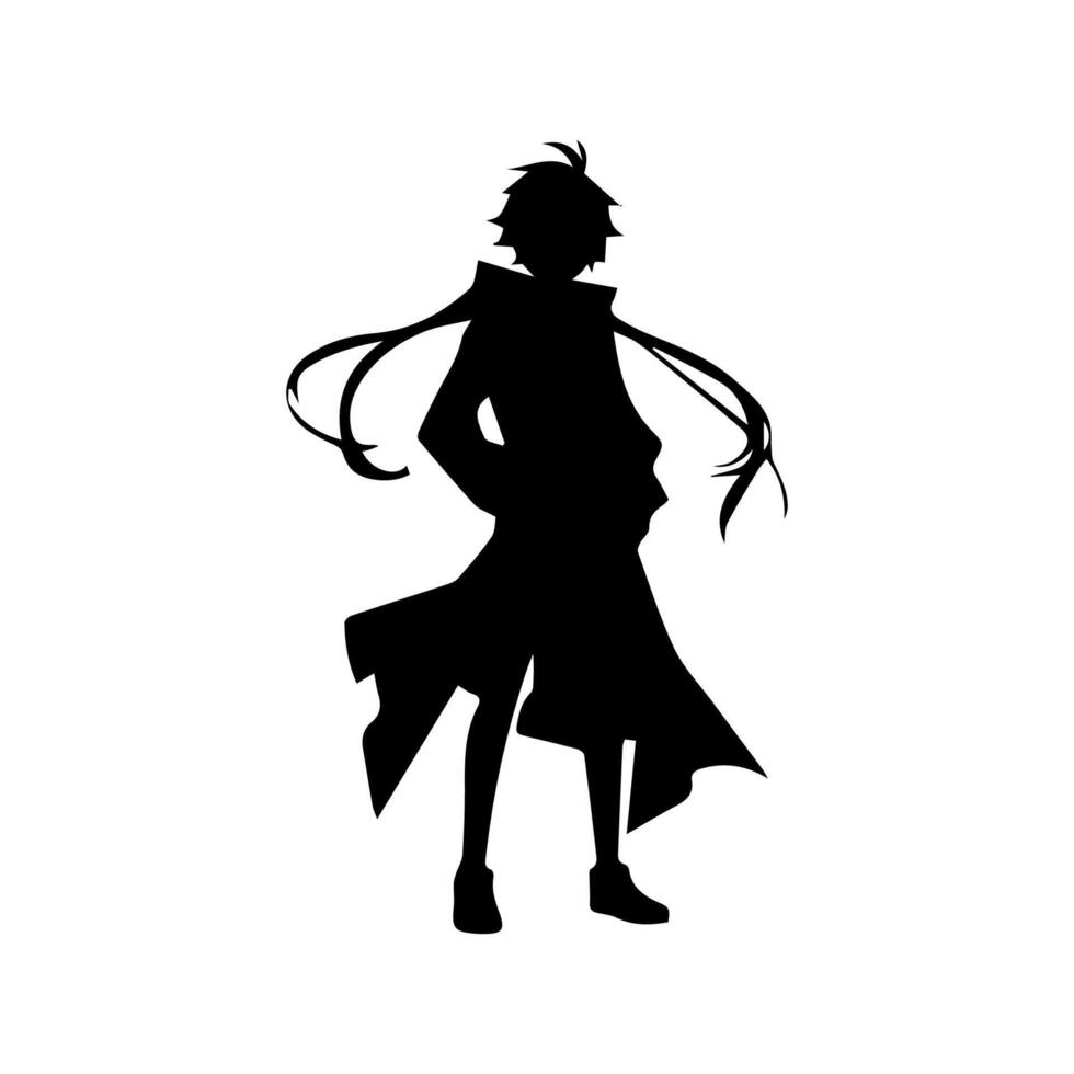 ilustración de chico perfil anime estilo, negro silueta aislado en blanco antecedentes vector