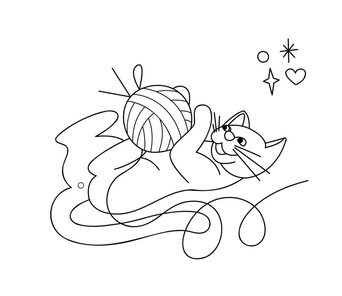 Cute cat plays with a ball of yarn. Doodle outline black and white illustration. vector