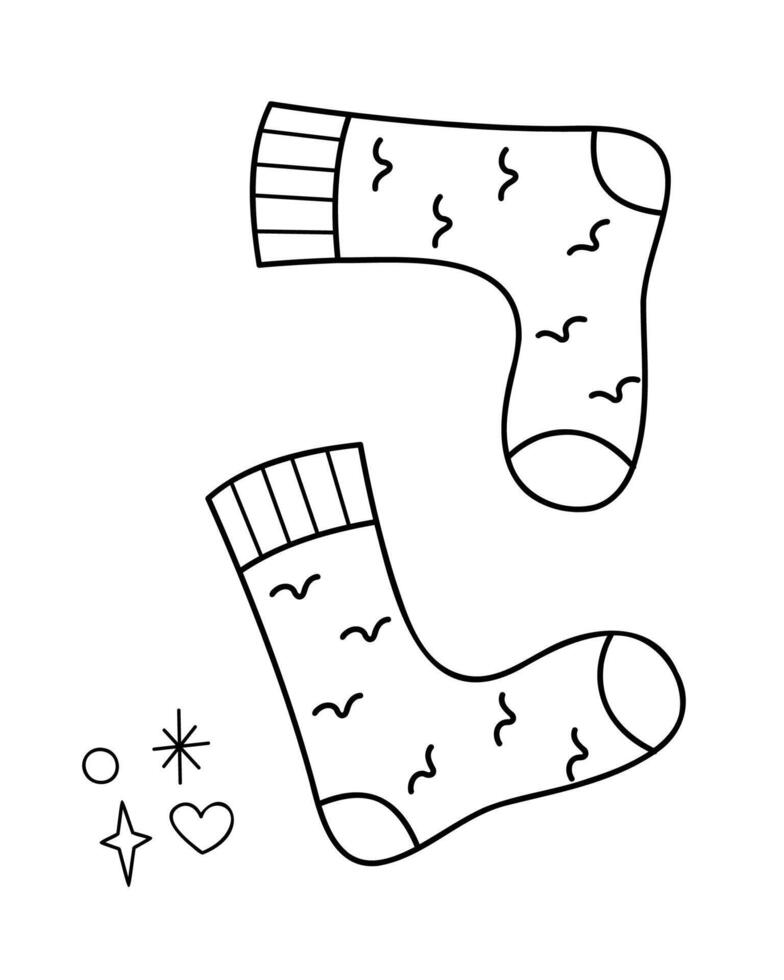 A pair of knitted socks. Doodle outline black and white illustration. vector