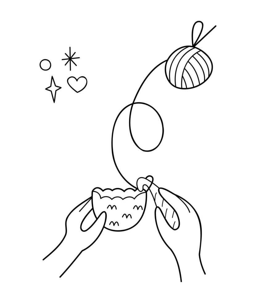 Hands of a knitter knitting amigurumi. Doodle outline black and white illustration. vector