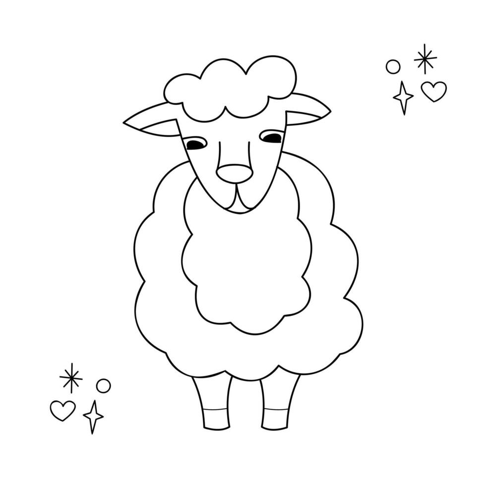 Cute fluffy sheep. Doodle outline black and white illustration. vector
