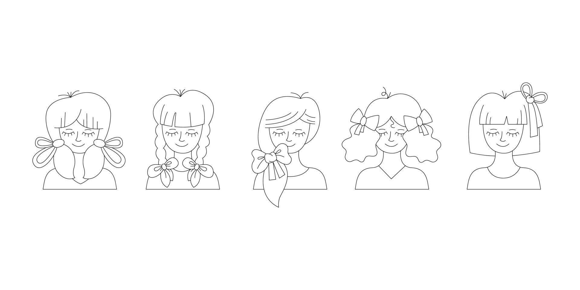 conjunto con 5 5 muchachas con diferente peinados y pelo arcos negro, blanco garabatear ilustración. vector