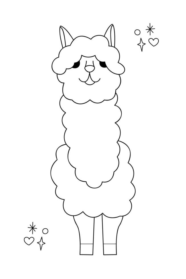 Cute fluffy and contented alpaca. Doodle outline black and white illustration. vector
