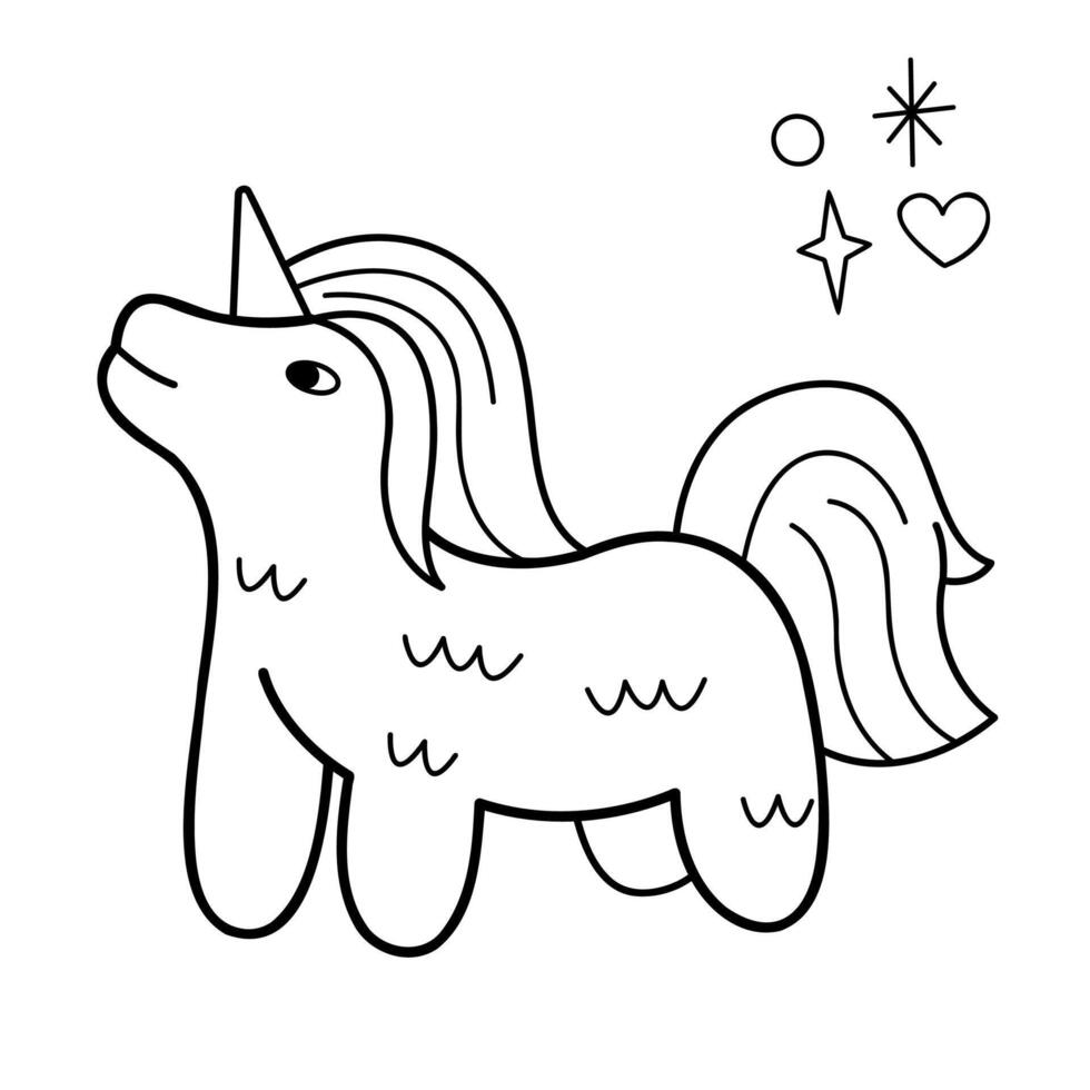 Knitted unicorn. Doodle outline black and white illustration. vector