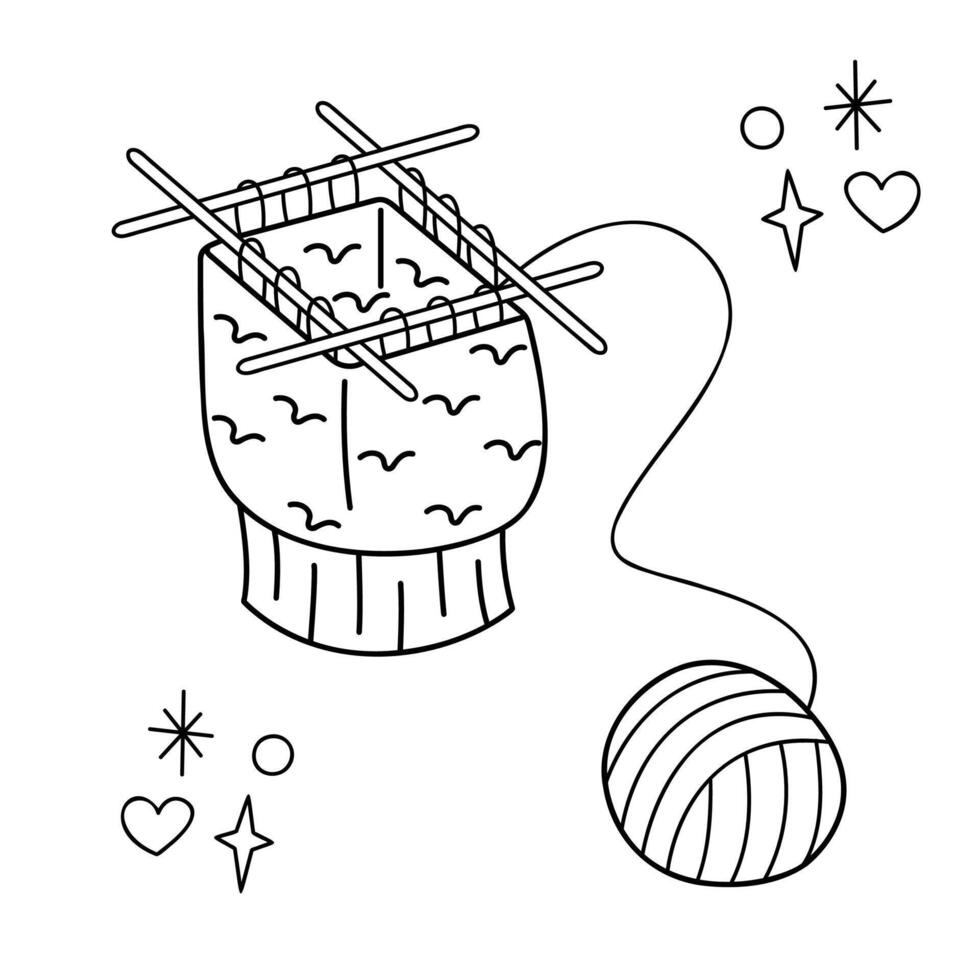 Circular knitting and stocking needles. Doodle outline black and white illustration. vector