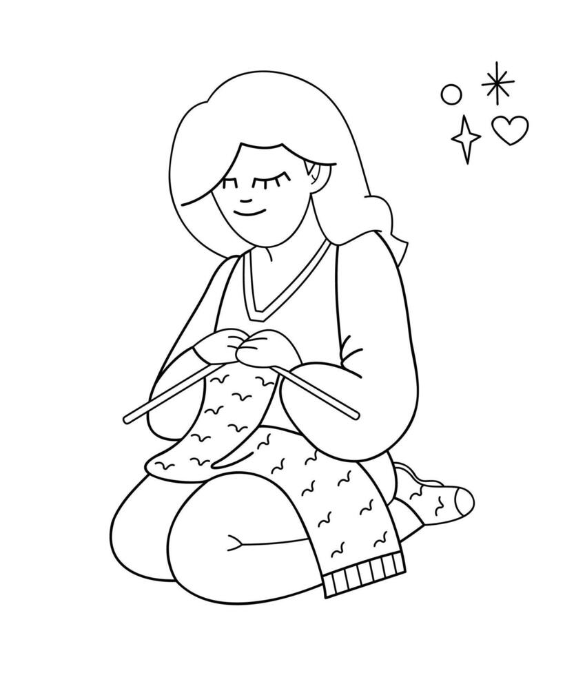 A sitting girl knits. Doodle outline black and white illustration. vector