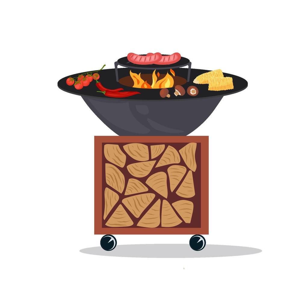 illustration of cooking grill with sausages, vegetables and other items for a barbecue party in a flat style. Moveable outdoor kitchen with store wood in, BBQ grill food on white background. vector