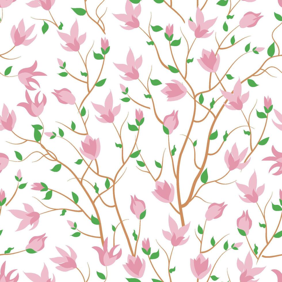 Pattern of flowering magnolia trees. Spring magnolia flowers, leaves, blooming background. wallpaper, for fabric, prints, invitations, backgrounds, covers. Summer seamless textile design vector