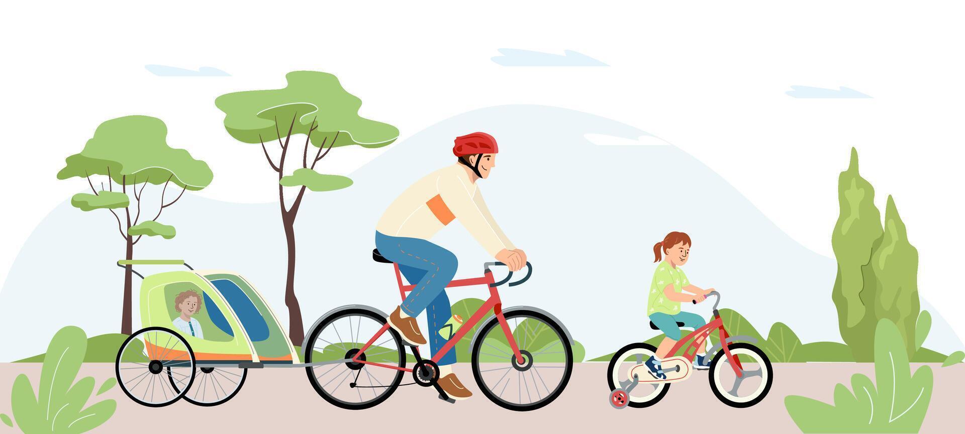 contento y sano familia caracteres con niños ciclismo en verano. padre montando bicicleta con niño en remolque. papi juntos con hija a ocio al aire libre plano ilustración aislado en blanco vector