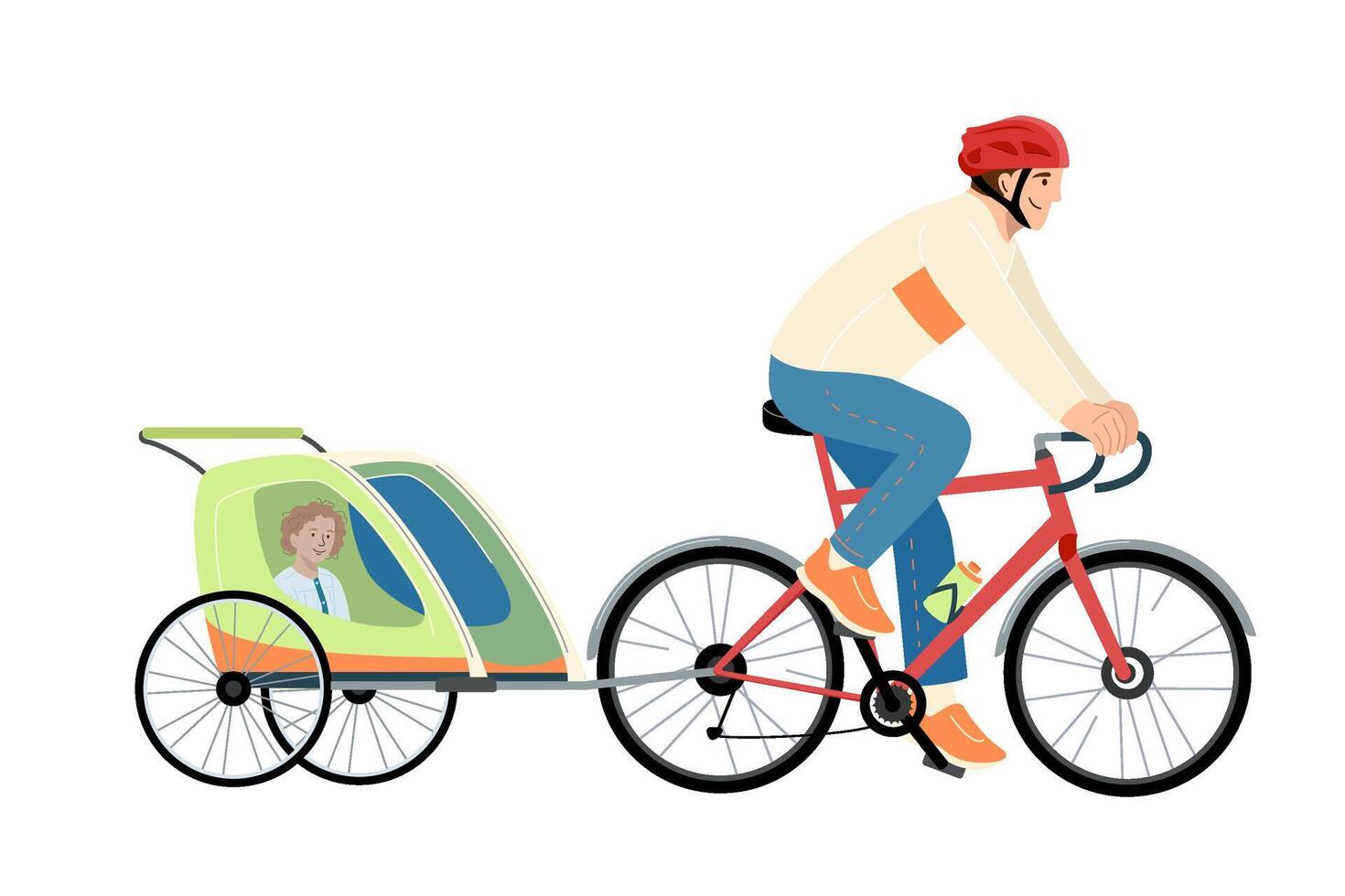 Happy father riding bicycle with child in trailer. Modern dad cycling bike with kid. Daddy together with daughter at leisure outdoor. Flat illustration isolated on white background vector