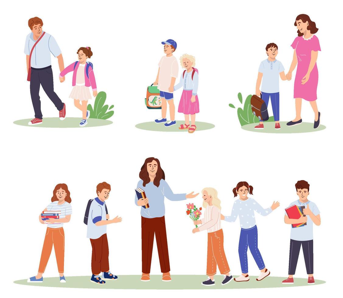 Set of cute children with backpack going back to school with parents. Collection of funny pupils joyfully greeting the teacher Flat illustration isolated on white background vector