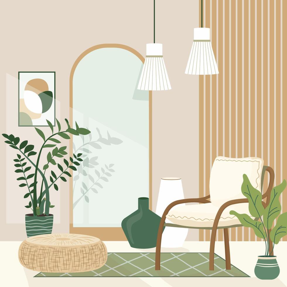 Cozy boho style design interior with a stylish combination of trendy earth tones. Personal eco space concept in Scandinavian Style with rattan pouffe mirror modern chair and plants illustration vector