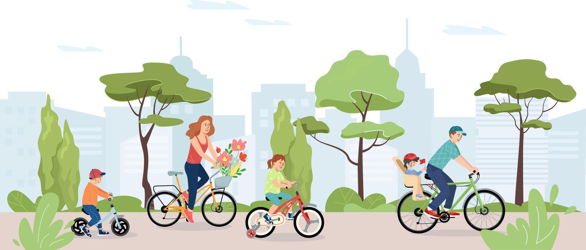 Happy and healthy family characters with kids cycling in summer. Parents with children riding bikes or bicycles together. Colored flat illustration outdoor activity isolated on white background vector