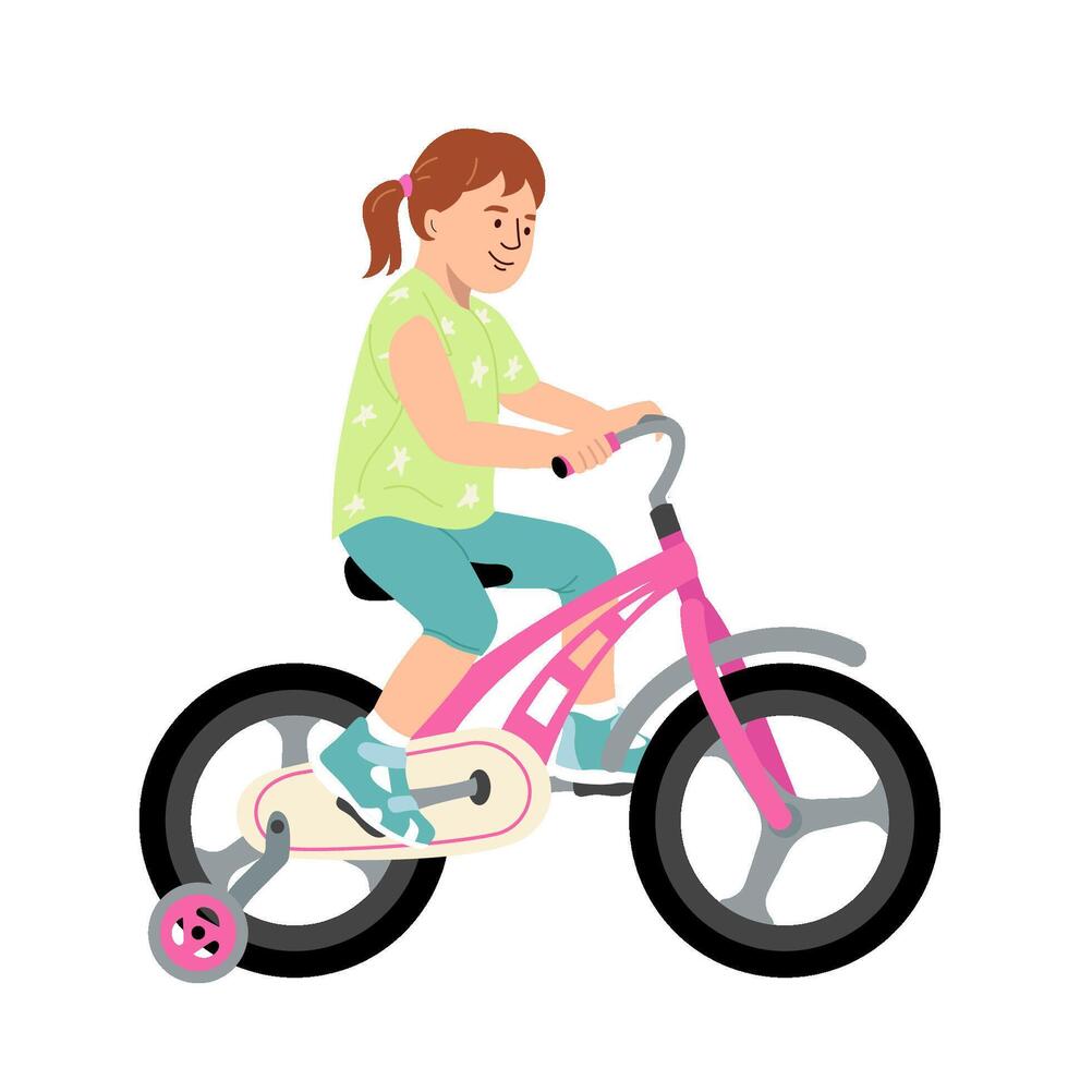 Cute smiling girl riding bicycle. Little kid learning on a first two-wheeled bike with extra training wheels. Flat illustration isolated on white background. vector