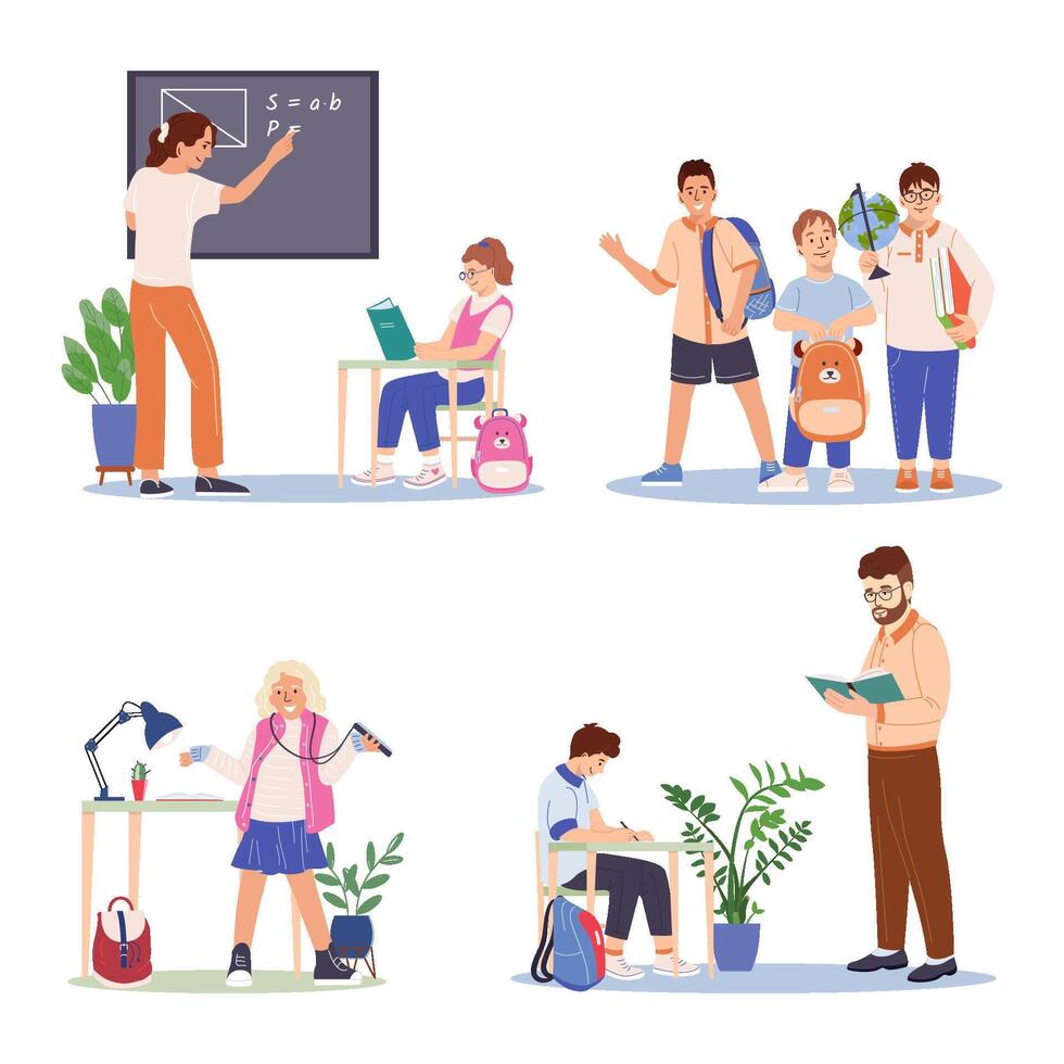 Set of cute children with backpack going back to school. Collection of funny pupils studying, learning, communicating with teacher during lesson Flat illustration isolated on white vector