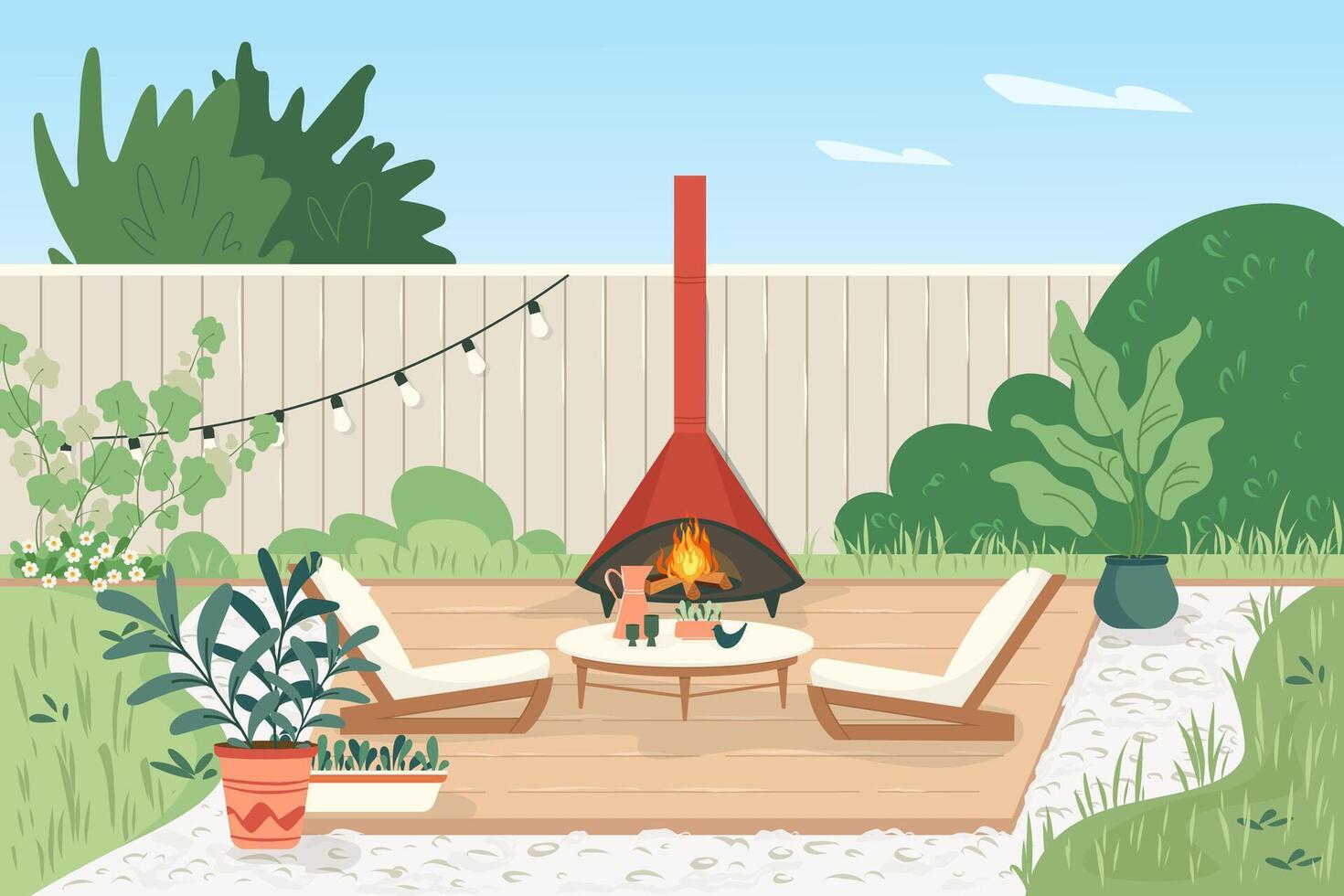 acogedor patio interior con Clásico cono hogar y plantas en ollas casa patio con cerca, mueble para picnic con parilla, verde césped y árbol verano paisaje de yarda dibujos animados ilustración vector