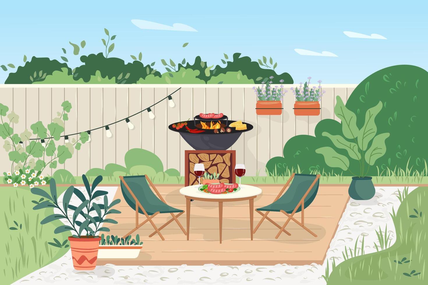 Patio area with cooking grill. House backyard with outdoor kitchen, green plants Garden modern furniture for barbecue and picnic. Outdoor furnished yard for BBQ summer parties Flat illustration vector