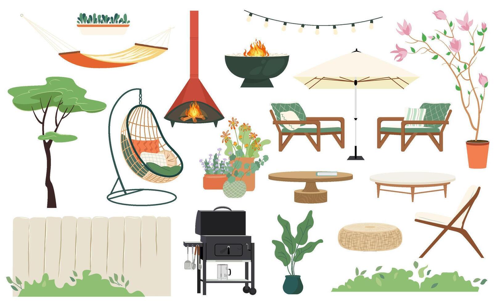 Modern backyard furniture with hammock, hanging chair, bbq grill, fireplace, plants. Backyard cartoon flat elements, summer terrace and patio, outdoor lounge items, relax park objects. clipart vector