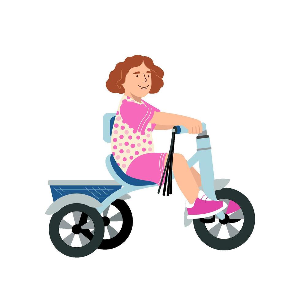 Cute smiling girl riding bicycle. Little kid learning on a first tricycle bike. Flat illustration isolated on white background. vector