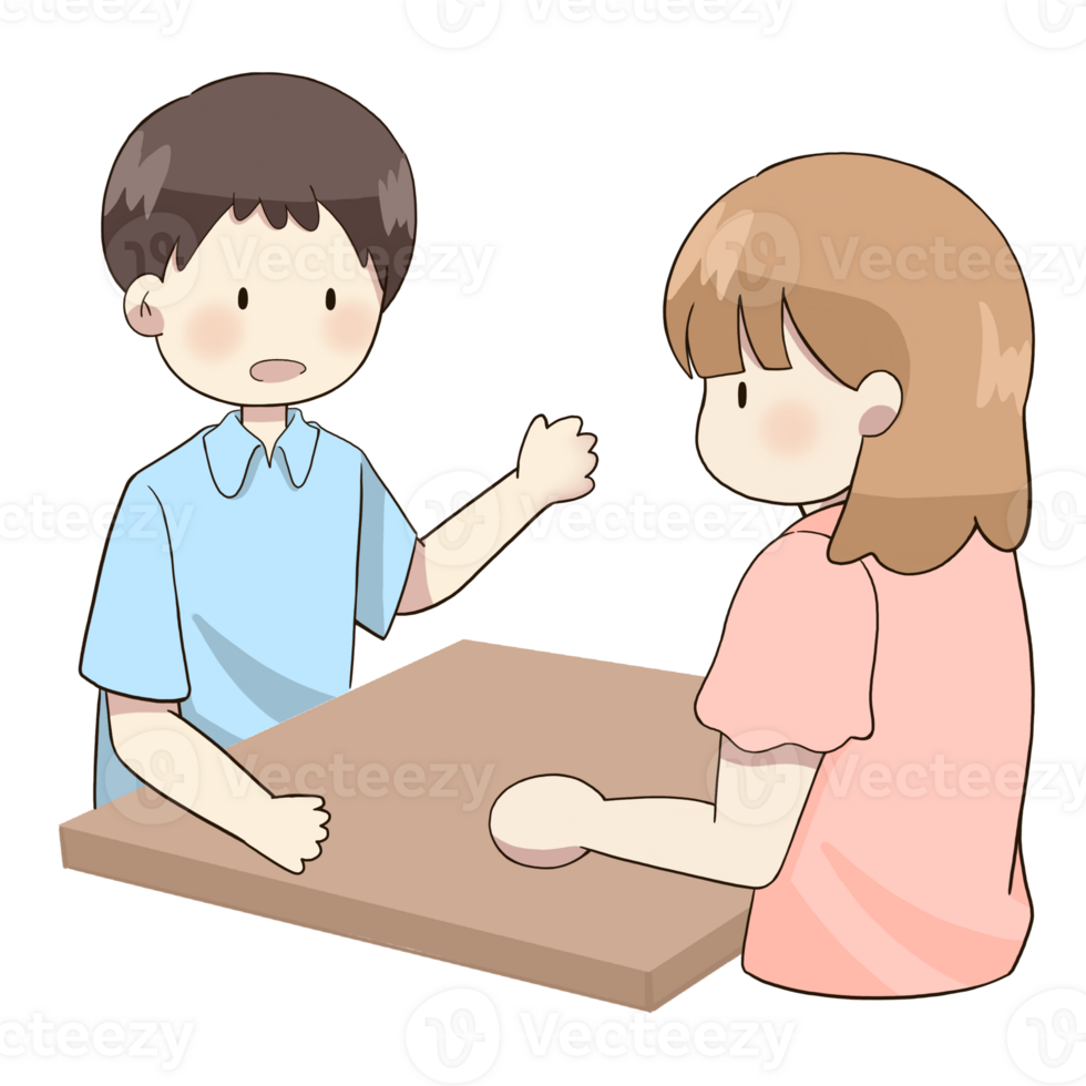 cartoon boy and girl sitting at a table, one is talking to the other png