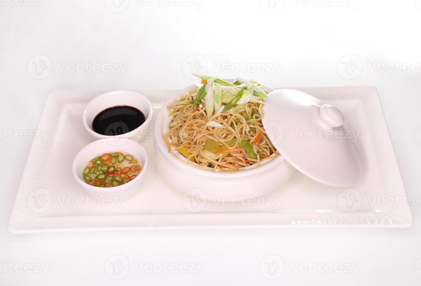 VEGETABLE HAKKA NOODLE with bell pepper and spring onion and sauce served in dish isolated on background side view of arab food photo