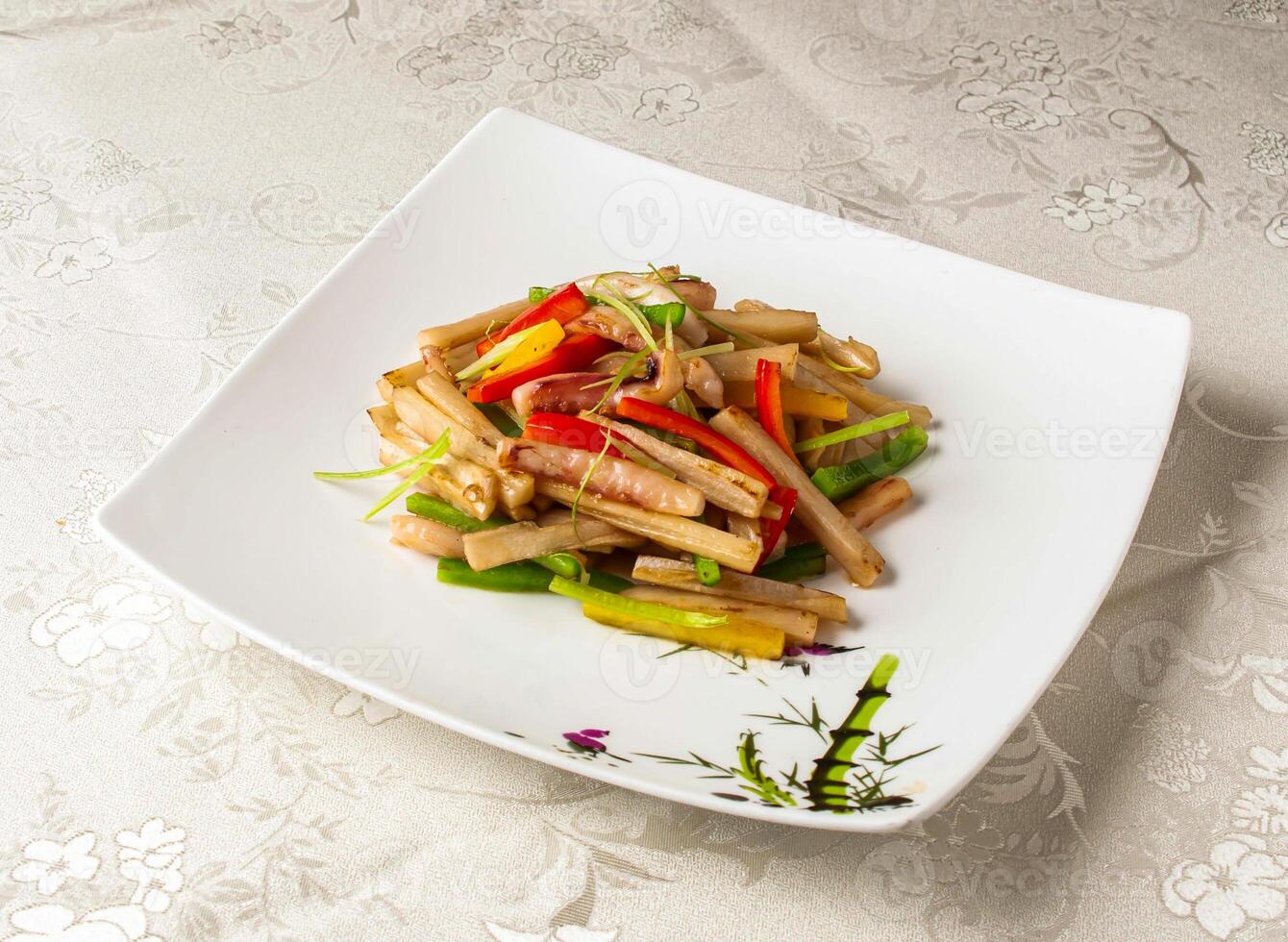 Shredded Pepper and Lotus Root served dish isolated on background top view of hong kong chinese food photo