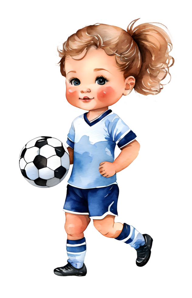 Aquarell und Gemälde süß kaukasisch Baby Puppe Mädchen Karikatur ist spielen Fußball oder Fußball. KI-generiert png