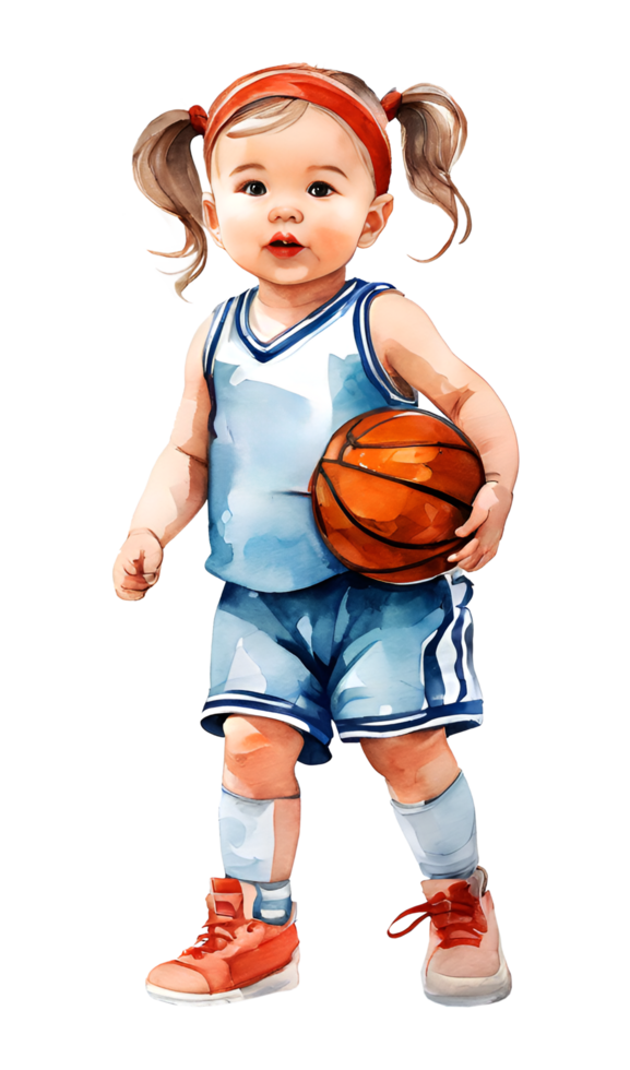 Watercolor and painting cute African American baby doll girl cartoon is playing basketball. AI-Generated png