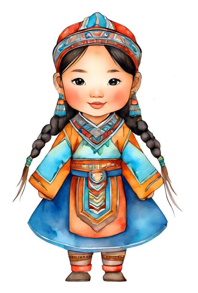 acuarela y pintura linda chino o Mongolia bebé muñeca niña dibujos animados en nacional tribal étnico traje. generado por ai png