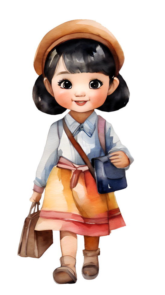 Watercolor and painting cute doll Asian teacher girl with business bag and hat in pretty dress for kindergarten cartoon. AI-Generated png