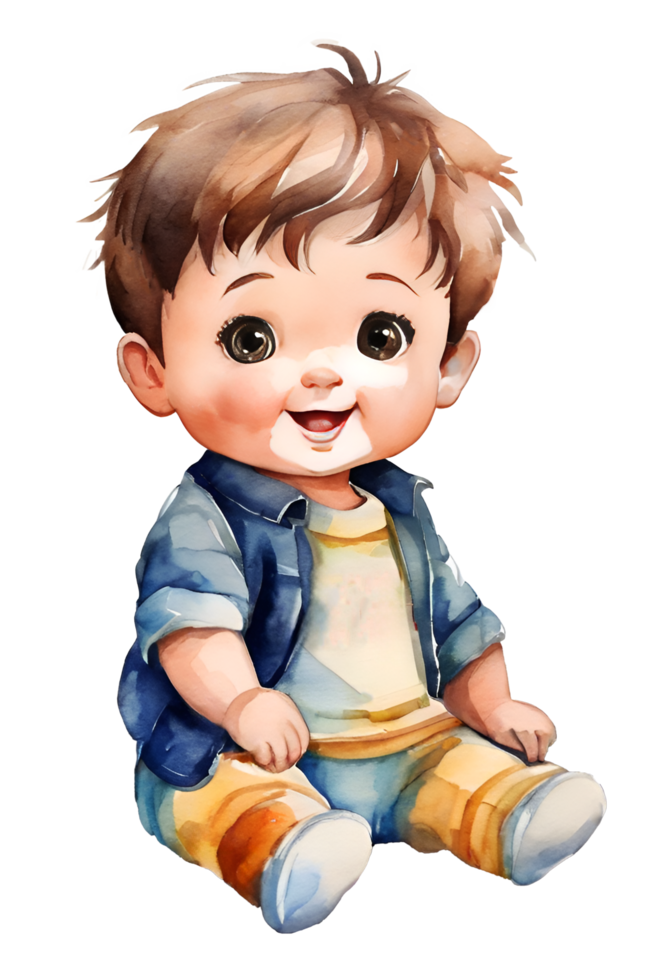 Watercolor and painting cute doll student boy with hat in brown overalls and jean jacket for kindergarten cartoon. AI-Generated png