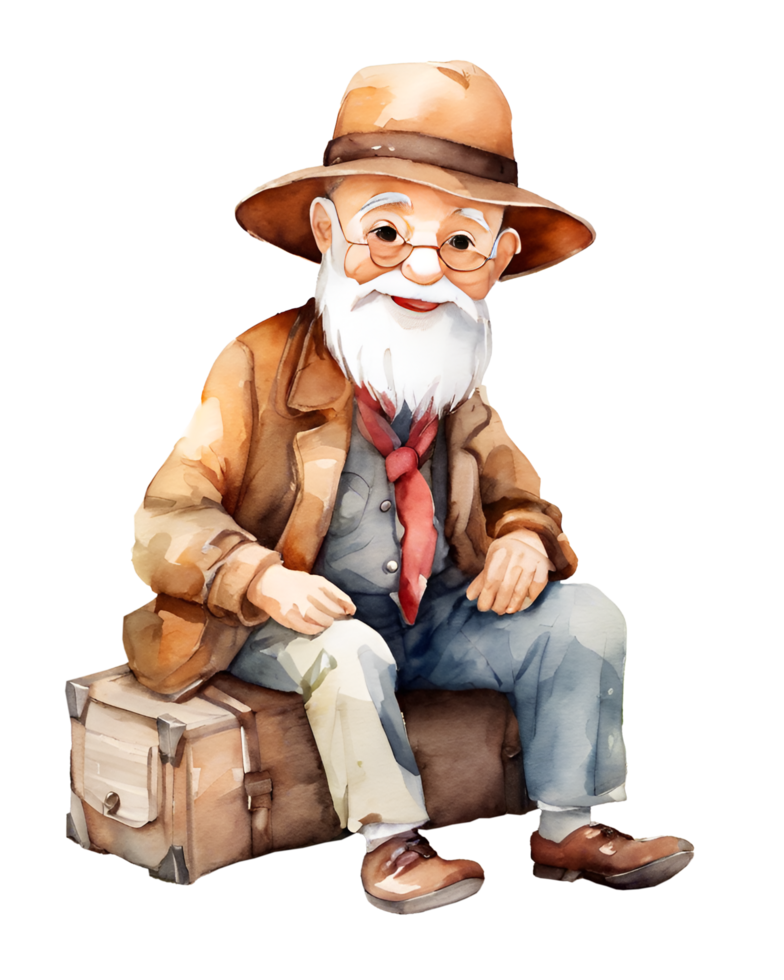 Watercolor and painting cute elderly old man cartoon. AI-Generated png