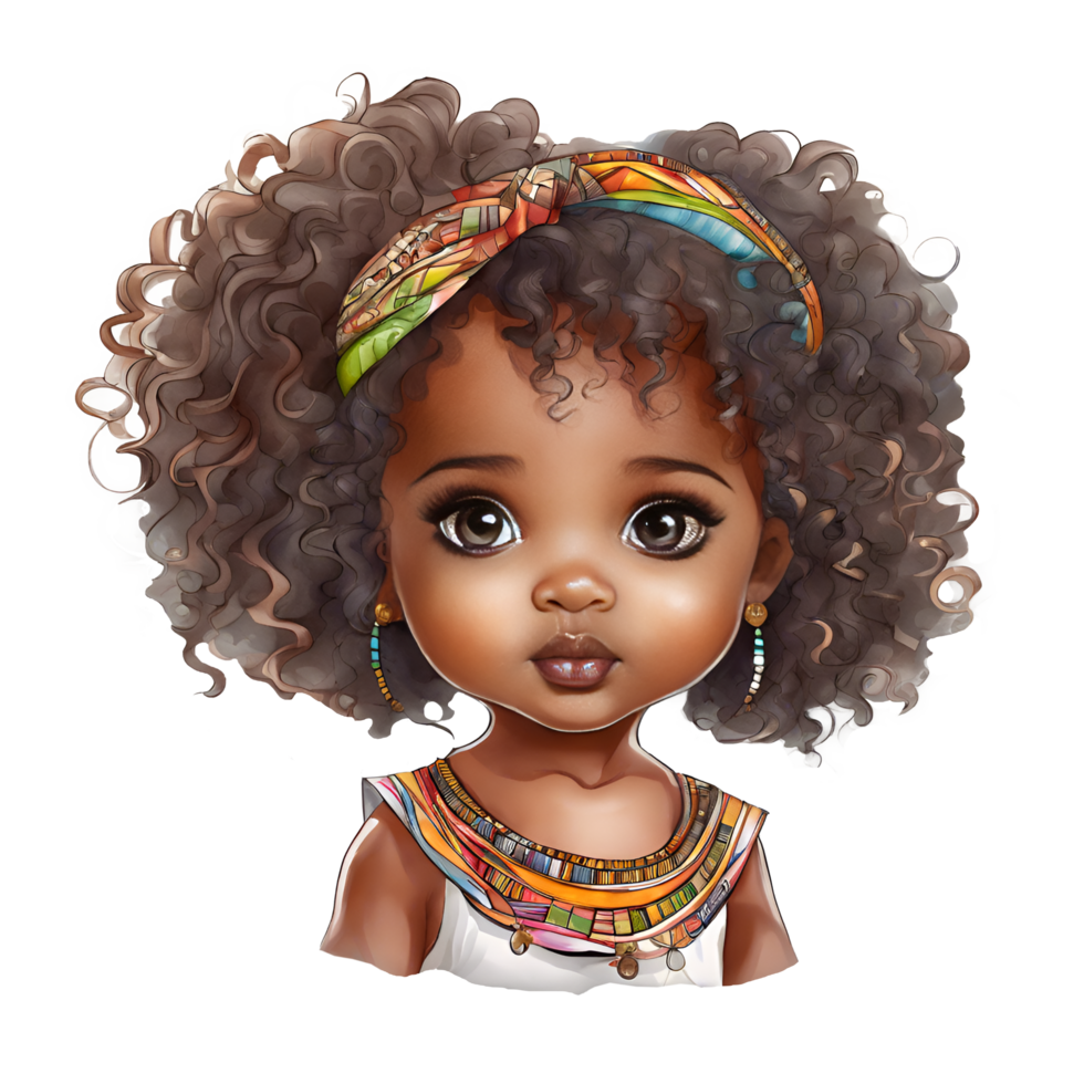 aquarelle et La peinture mignonne africain américain ou éthiopien tribu bébé poupée fille dessin animé dans nationale tribal ethnique costume. généré par ai png