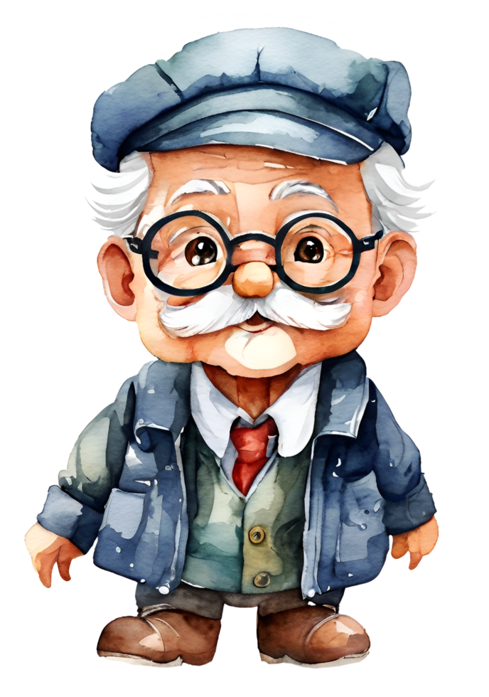 Watercolor and painting cute elderly old man cartoon. AI-Generated png