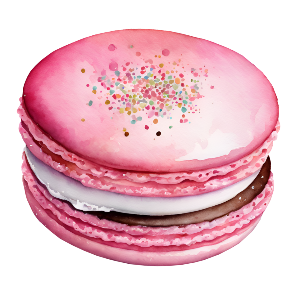 Watercolor and painting Sweet dessert pink Macaron or Macaroon cream cookie with candy topping. AI-Generated png